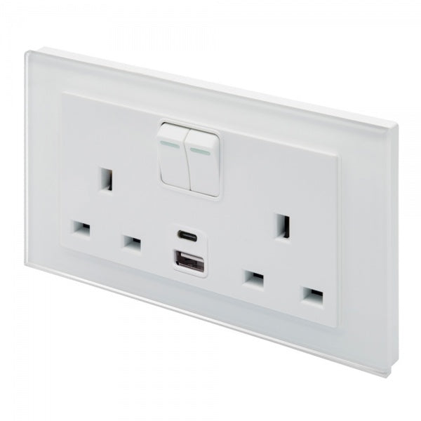 Retrotouch Crystal 13A Double Socket with 3.1A Dual USB & USBC - White, Glass and White Trim