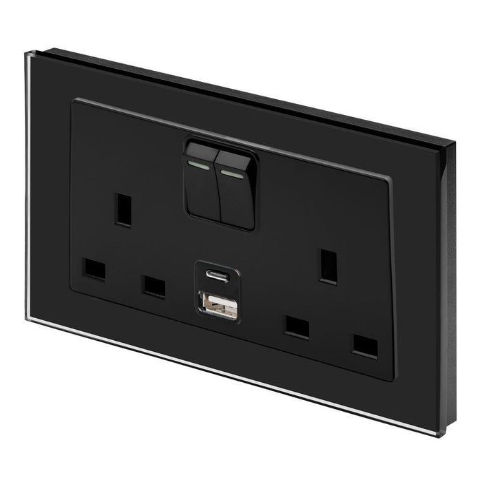 Retrotouch Crystal 13A Double Socket with 3.1A Dual USB & USBC - Black Glass and Black Trim