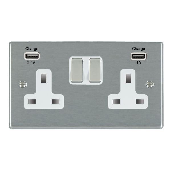 Hamilton 74SS2USBSS-W 2 Gang 13A Single Pole Swithced Socket with Dual USB Outlets - Satin Steel & White Inserts