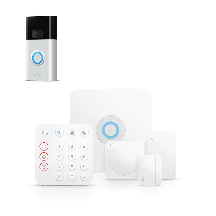 Ring 5 Piece Home Security Kit with Video Doorbell (Gen 2) - Satin Nickel  *BUNDLE*