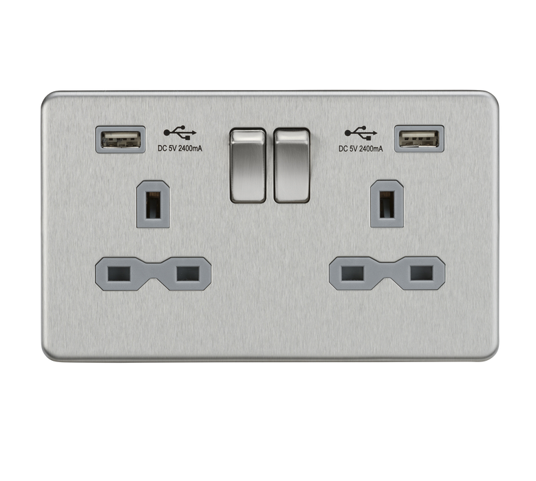 Knightsbridge SFR7USB4BC 13A Switched Socket Quad USB charger Brushed Chrome MLA - SND Electrical Ltd