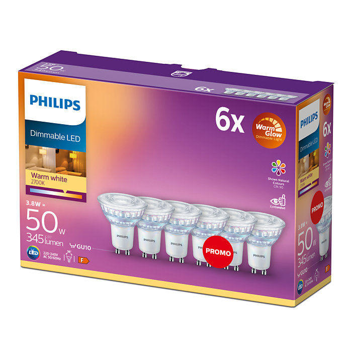 Philips Classic LED 50W GU10 C90 Warm White 36D Warm Glow Pack of 6 Dimmable Bulbs