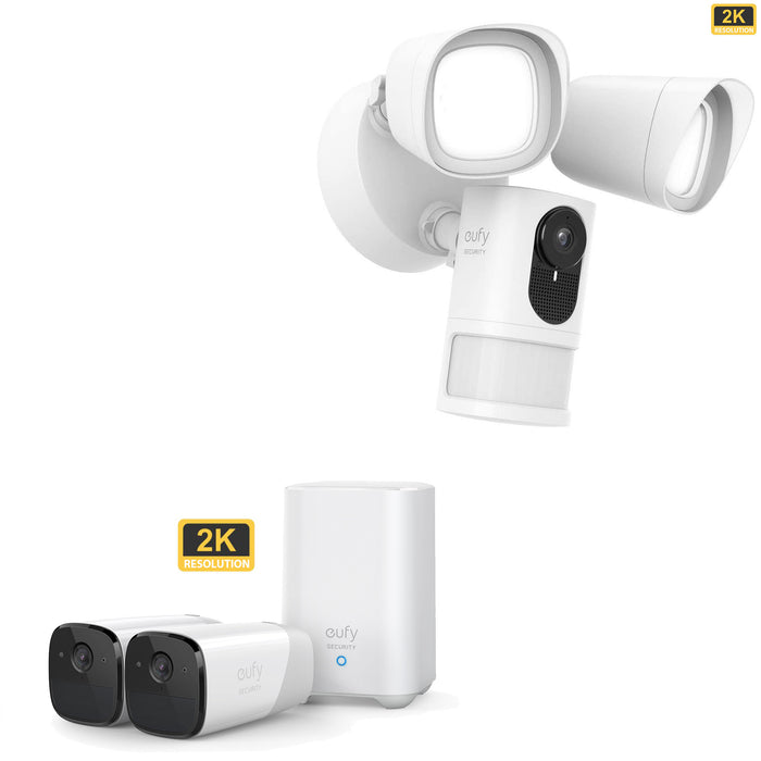 Eufy 2K Floodlight Camera - White & EufyCam 2 Pro - 2 Cam Kit with HomeBase 2 (2K)
