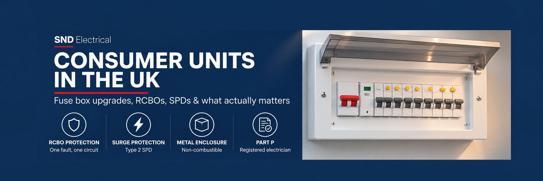 Consumer units in the UK banner showing a white metal consumer unit with RCBOs and surge protection, with icons for RCBO protection, surge protection, metal enclosure and Part P