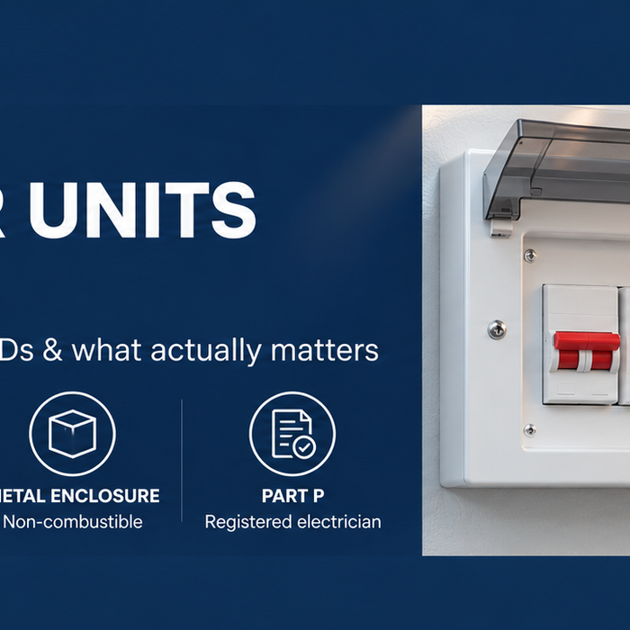 Consumer units in the UK banner showing a white metal consumer unit with RCBOs and surge protection, with icons for RCBO protection, surge protection, metal enclosure and Part P