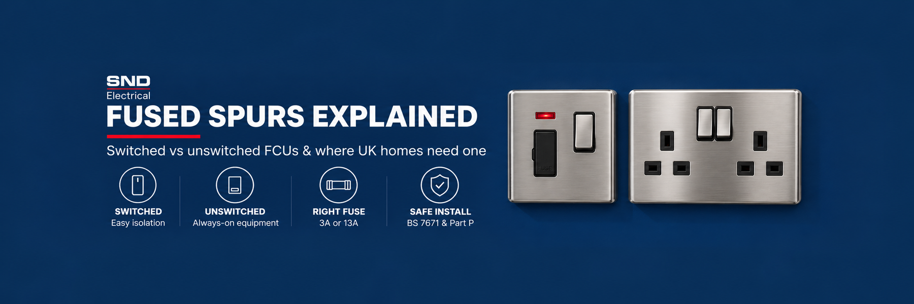 Fused spurs explained banner showing a switched fused connection unit beside a UK double socket, with icons for switched, unswitched, right fuse and safe install