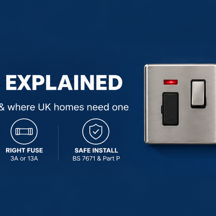 Fused spurs explained banner showing a switched fused connection unit beside a UK double socket, with icons for switched, unswitched, right fuse and safe install