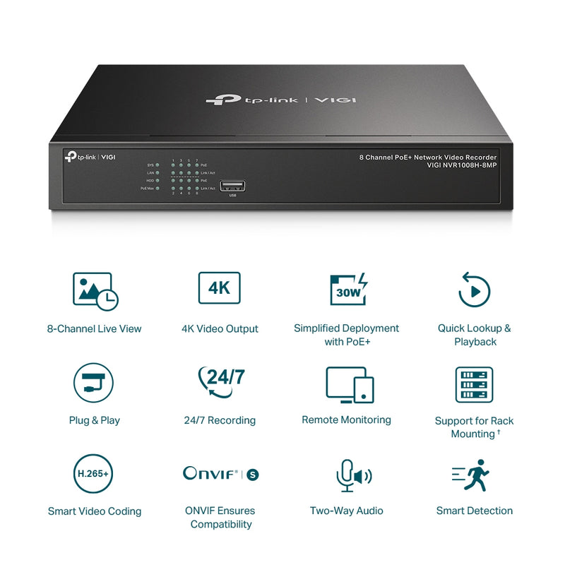 TP-Link VIGI NVR1008H-8MP – 8 Channel PoE+ Network Video Recorder | 4K HDMI, H.265+, ONVIF