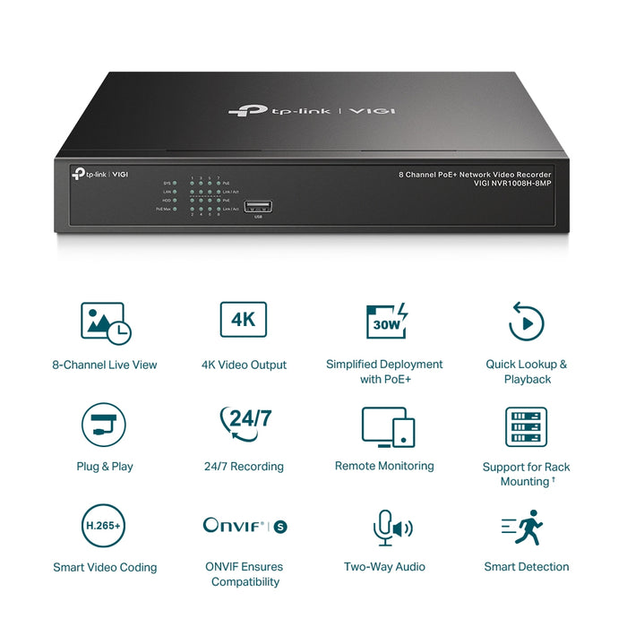 TP-Link VIGI NVR1008H-8MP – 8 Channel PoE+ Network Video Recorder | 4K HDMI, H.265+, ONVIF