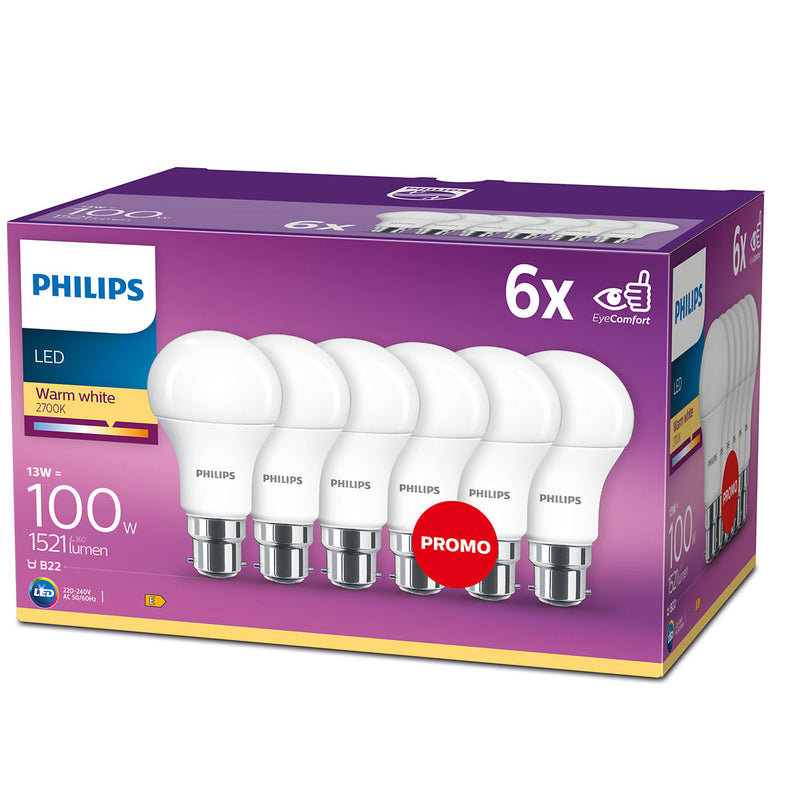 Philips LED 40W A60 B22 Warm White 230V Frosted Pack of 6 Bulbs - Non Dimmable