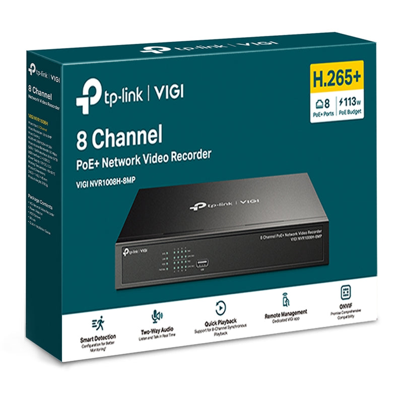 TP-Link VIGI NVR1008H-8MP – 8 Channel PoE+ Network Video Recorder | 4K HDMI, H.265+, ONVIF