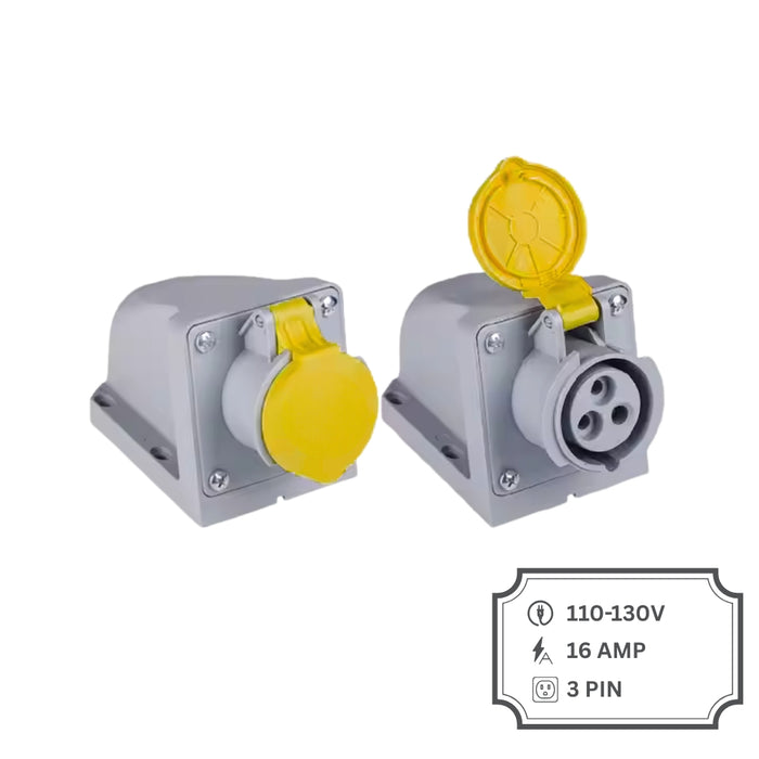 Yellow Industrial 32A 3 Pin 110V IP44 Wall Mounted Socket