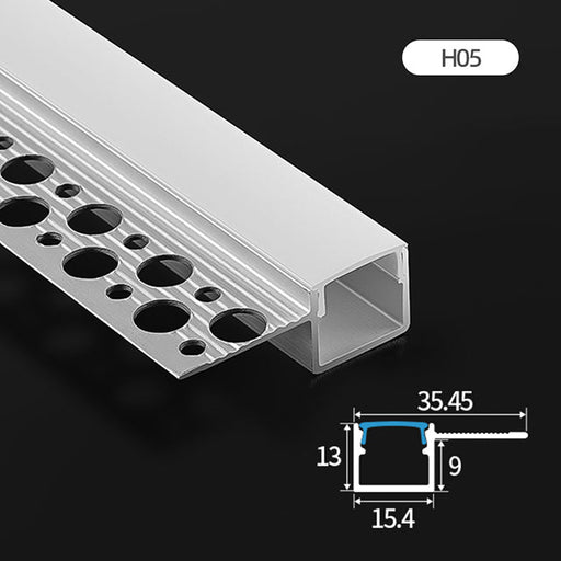 P1513A silver plaster-in LED aluminium profile with white diffuser and dimension details