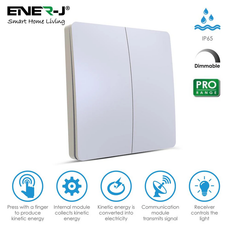 Ener-J 2 Gang Kinetic Dimmable Switch - White (PRO RANGE)