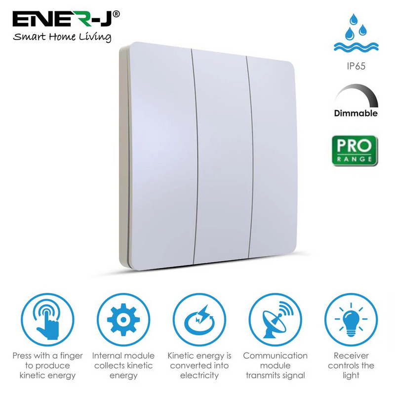 Ener-J 3 Gang Kinetic Dimmable Switch - White (PRO RANGE)