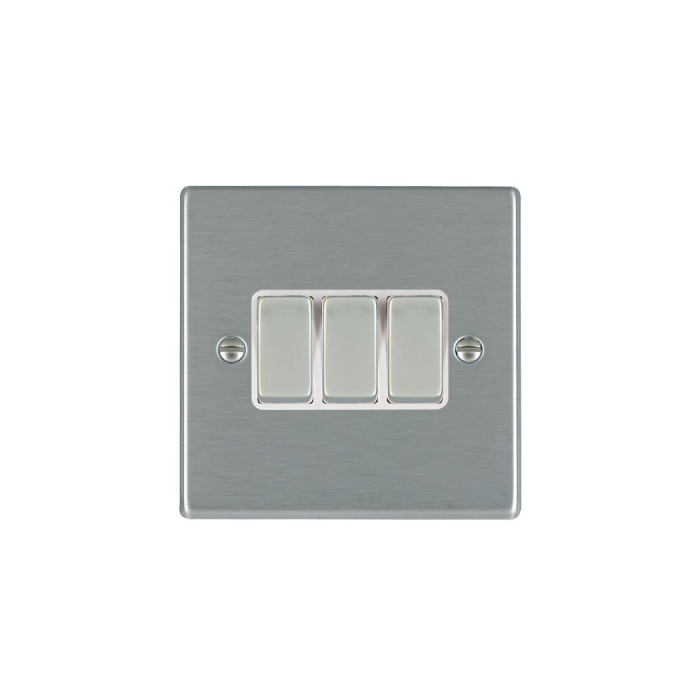Hamilton 74R23SS-W 3 Gang 10AX 2 Way Rocker Switch - Satin Steel & White Inserts