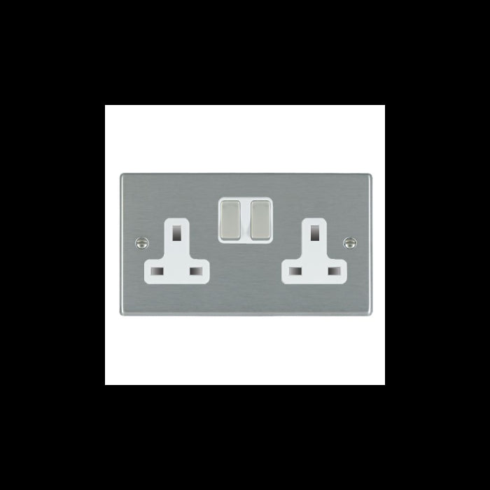 Hamilton 74SS2SS-W 2 Gang 13A DP Switched Socket - Satin Steel & White Inserts