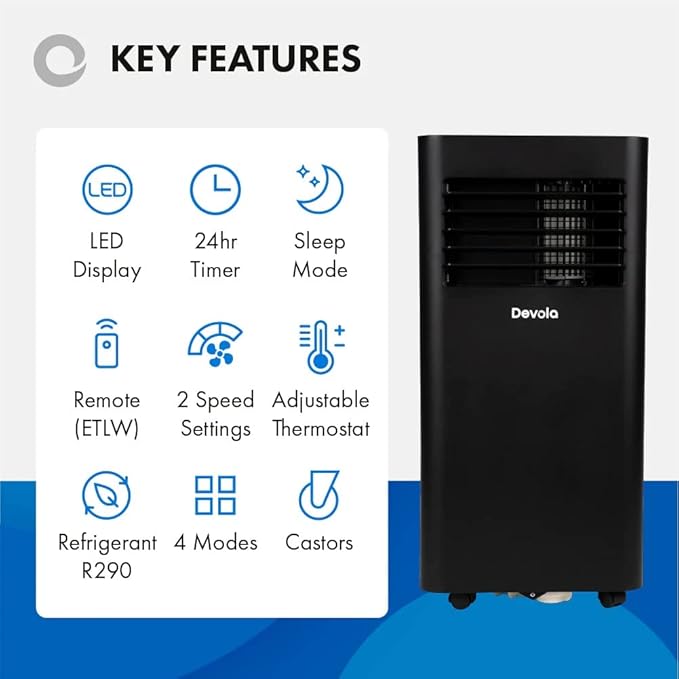 Devola DVAC09CB Portable Air Conditioner with WiFi – 9,000 BTU, 4-in-1 Cooling, Dehumidifier & Fan, Black