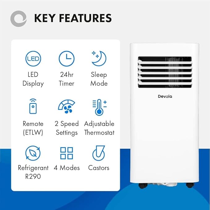 Devola DVAC09CW Portable Air Conditioner with WiFi – 9,000 BTU, 4-in-1 Cooling, Dehumidifier & Fan, White