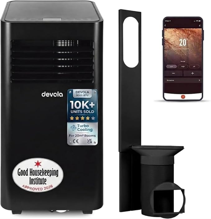 Devola DVAC09CB Portable Air Conditioner with WiFi – 9,000 BTU, 4-in-1 Cooling, Dehumidifier & Fan, Black