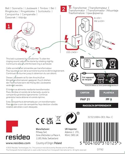 Honeywell D792 Underdome Traditional Door Bell 8V AC