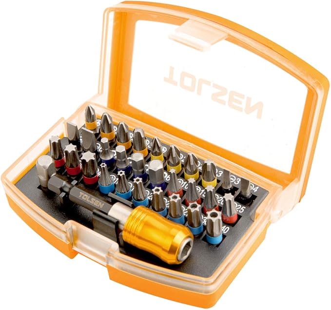 Tolsen 32 Piece Screwdriver Bit Set - Color Coded PZ, PH, Slotted, Hex & Torx - Magnetic Holder & Carrier Case Included