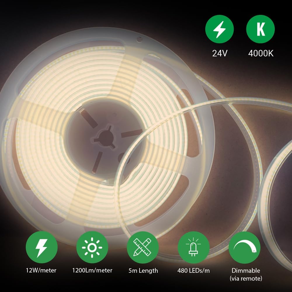 ENERJ 24V COB LED Strip Light 5m, 4000K Neutral White, 480 LEDs/m, 1200Lm/m, Dotless Flexible LED Tape, Cuttable 10mm IP20 LED Strip