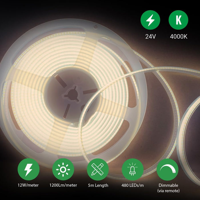 ENERJ 24V COB LED Strip Light 5m, 4000K Neutral White, 480 LEDs/m, 1200Lm/m, Dotless Flexible LED Tape, Cuttable 10mm IP20 LED Strip