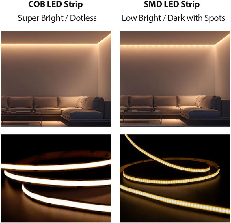 ENERJ 24V COB LED Strip Light 5m, 4000K Neutral White, 480 LEDs/m, 1200Lm/m, Dotless Flexible LED Tape, Cuttable 10mm IP20 LED Strip