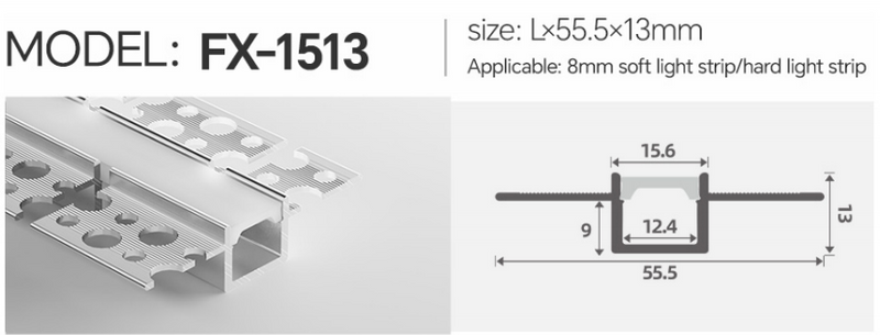 FX-1513 Flex-Plaster Board Ceiling/Wall LED Aluminum Profile (55.5X13X15.6)