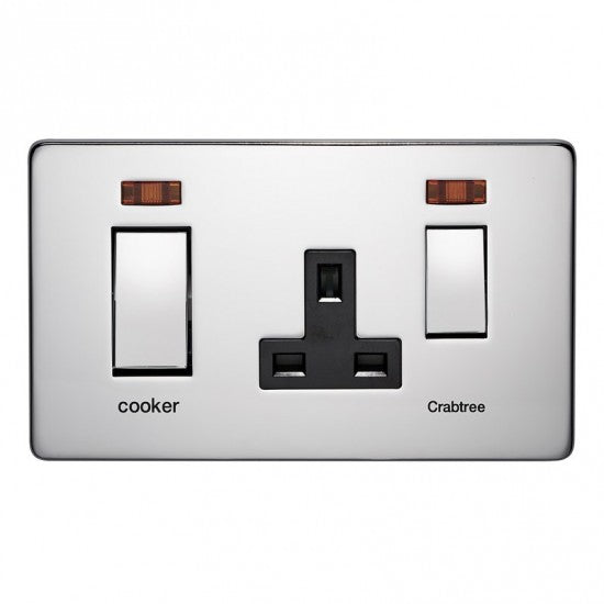 Crabtree Platinum 7521/3HPC 45A DP Switch + Socket with Neon Highly Polished Chrome
