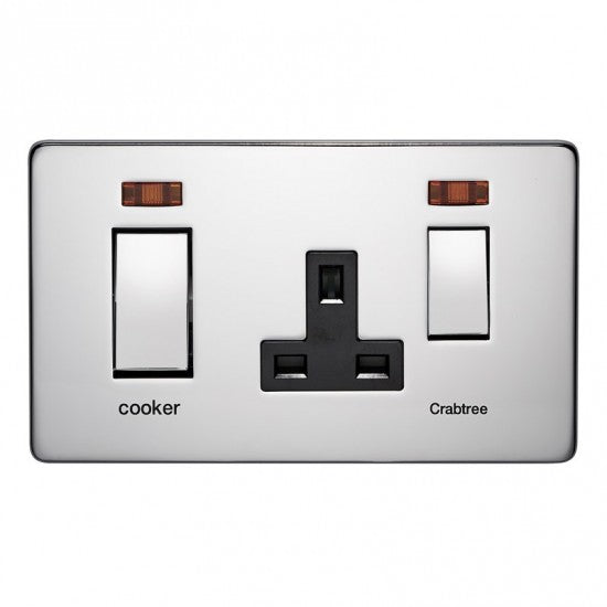 Crabtree Platinum 7521-3 45A DP Switch + Socket Satin With Neon Chrome