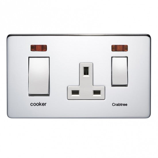 Crabtree Platinum 7521/3HPC 45A DP Switch + Socket with Neon Highly Polished Chrome
