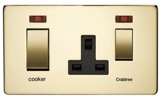 Crabtree Platinum 7521/3PB 45A DP Switch + Socket with Neon Polished Brass