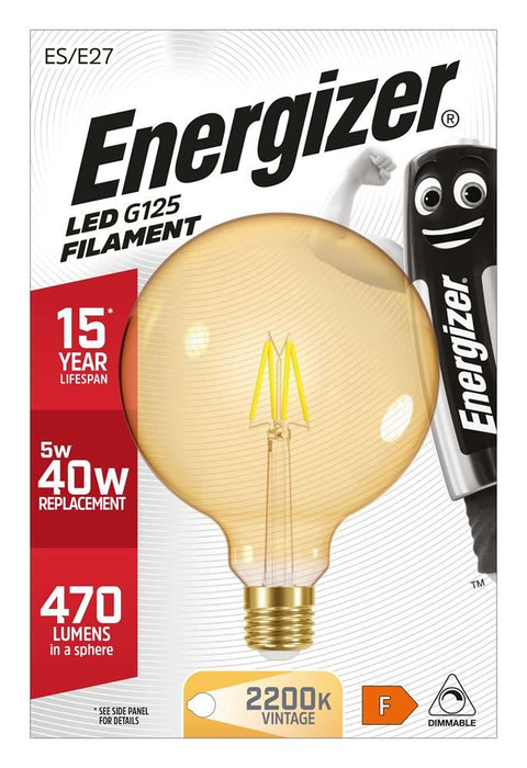 Energizer S15029 LED Filament Bulb Gold G125 E27 470lm 5W 2,200K Warm White & Dimmable