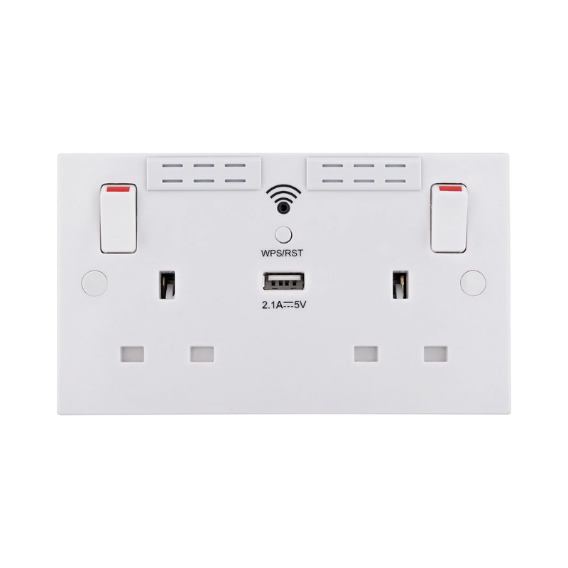 British General 900 Series 13A 2-Gang SP Switched Wi-Fi Extender Socket + 2.1A 10.5W 1-Outlet Type A USB Charger White