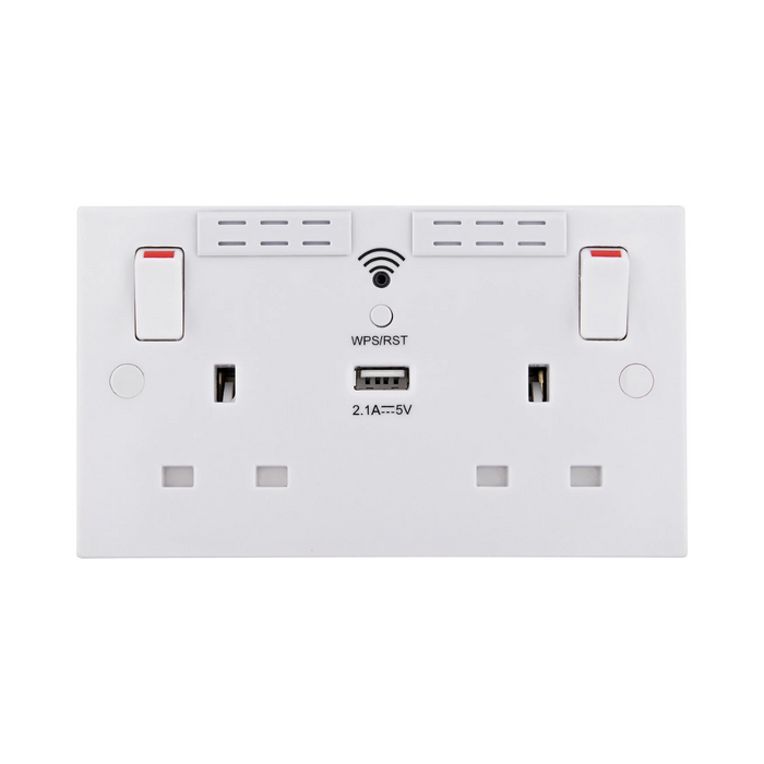British General 900 Series 13A 2-Gang SP Switched Wi-Fi Extender Socket + 2.1A 10.5W 1-Outlet Type A USB Charger White