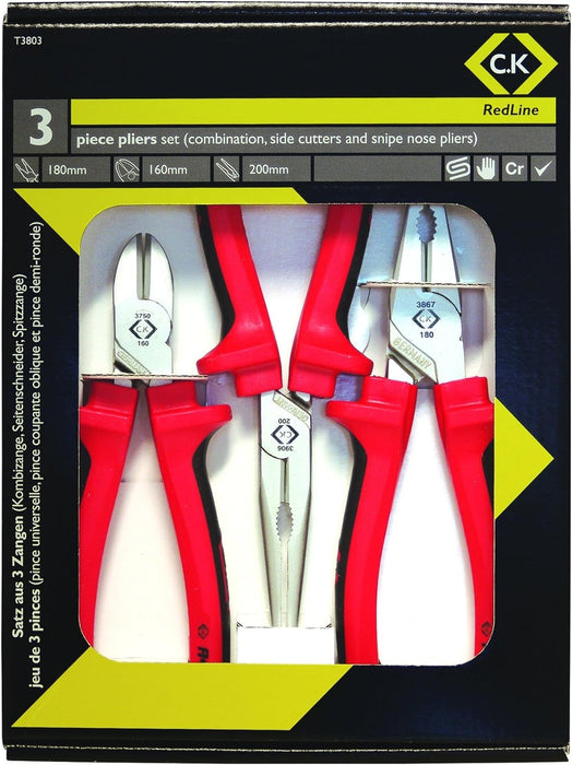CK Tools T3803 RedLine 3 Piece Plier Set with Cutting, Snipe Nose & Combination Pliers