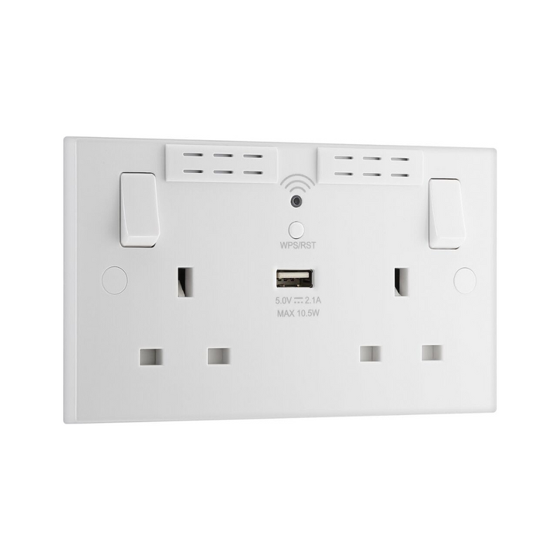 British General 900 Series 13A 2-Gang SP Switched Wi-Fi Extender Socket + 2.1A 10.5W 1-Outlet Type A USB Charger White