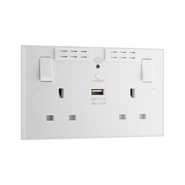 British General 900 Series 13A 2-Gang SP Switched Wi-Fi Extender Socket + 2.1A 10.5W 1-Outlet Type A USB Charger White
