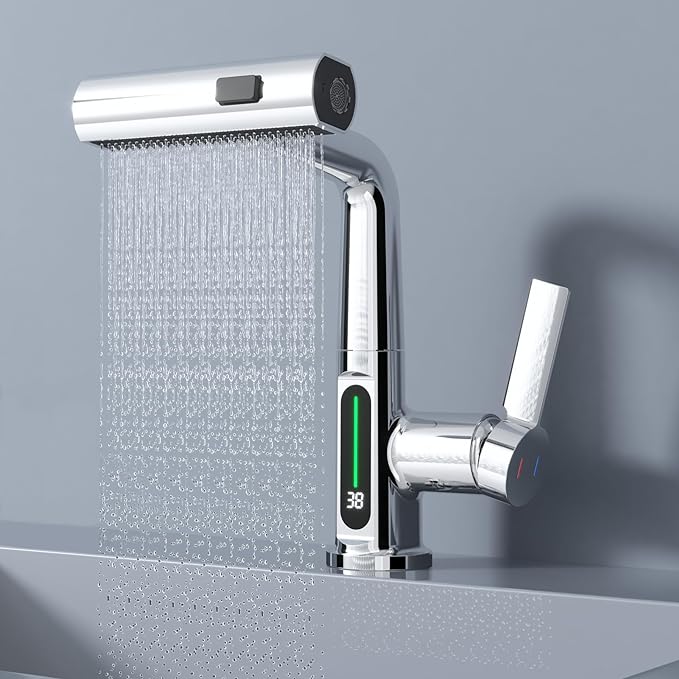 Ener-J BW2001 Single Hole Basin Faucet with Waterfall, Pull Out Sprayer and LED Temperature Display - Chrome