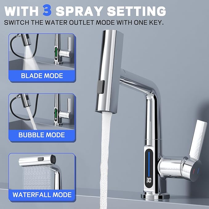 Ener-J BW2001 Single Hole Basin Faucet with Waterfall, Pull Out Sprayer and LED Temperature Display - Chrome