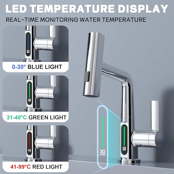 Ener-J BW2001 Single Hole Basin Faucet with Waterfall, Pull Out Sprayer and LED Temperature Display - Chrome
