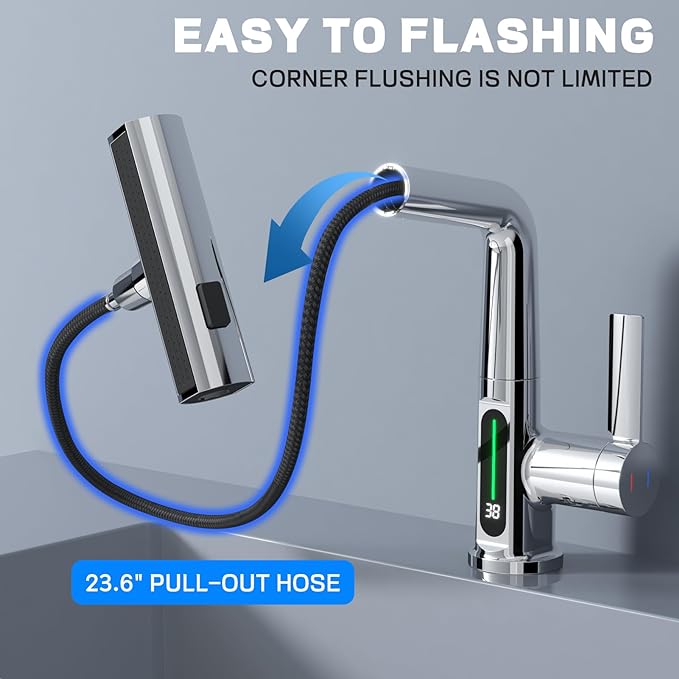 Ener-J BW2001 Single Hole Basin Faucet with Waterfall, Pull Out Sprayer and LED Temperature Display - Chrome