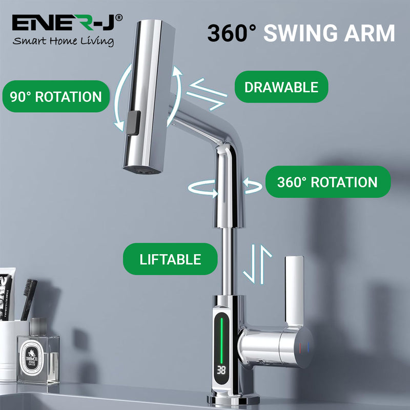 Ener-J BW2002 Single Hole Basin Faucet with Waterfall, Pull Out Sprayer and LED Temperature Display - Black