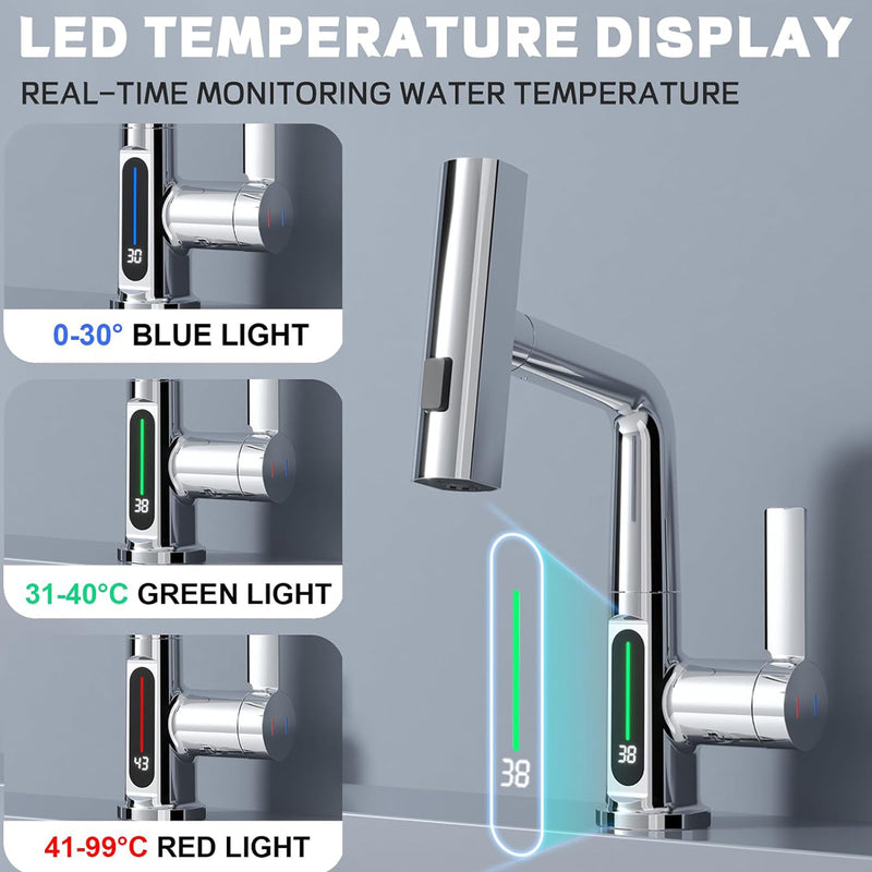 Ener-J BW2002 Single Hole Basin Faucet with Waterfall, Pull Out Sprayer and LED Temperature Display - Black