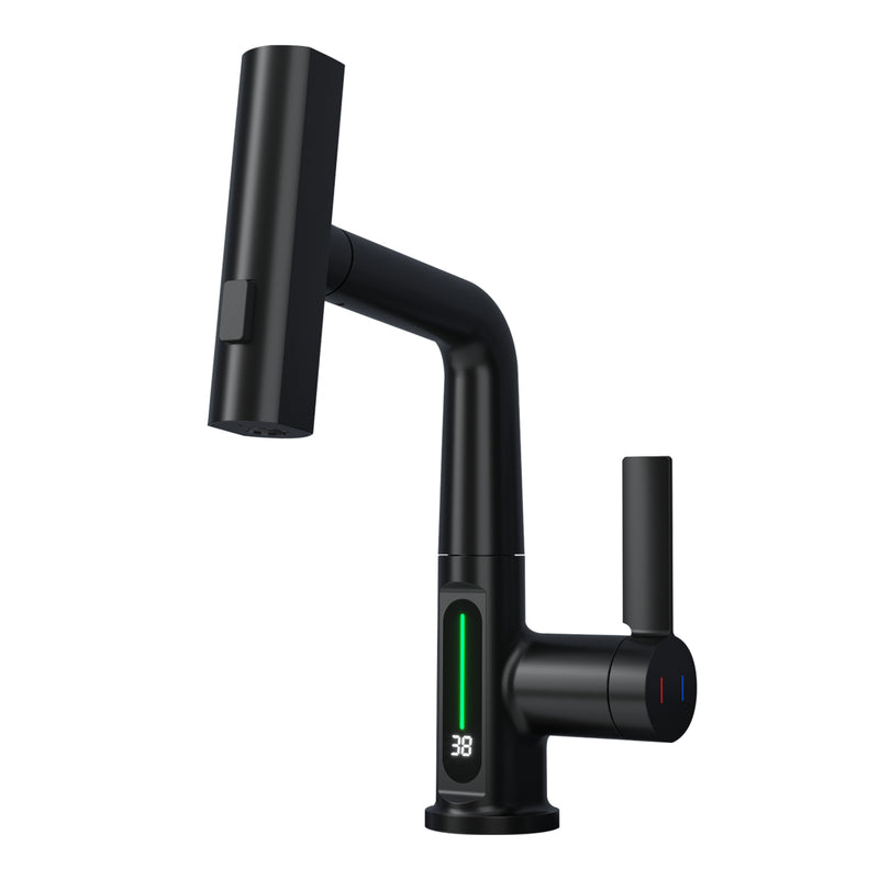 Ener-J BW2002 Single Hole Basin Faucet with Waterfall, Pull Out Sprayer and LED Temperature Display - Black