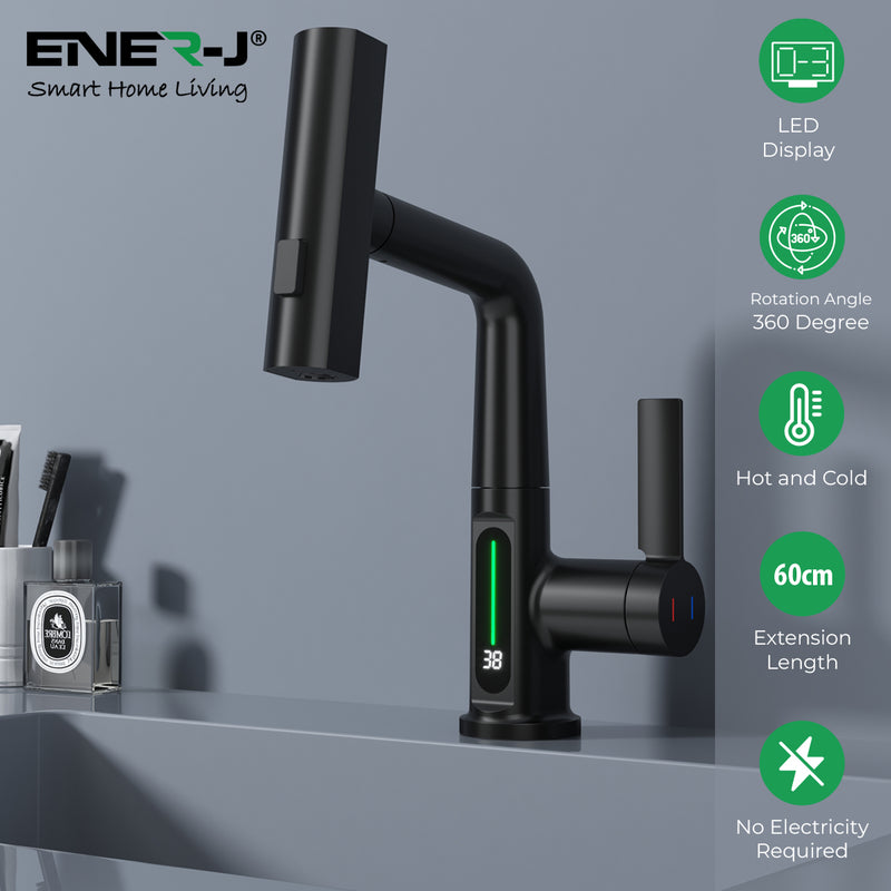 Ener-J BW2002 Single Hole Basin Faucet with Waterfall, Pull Out Sprayer and LED Temperature Display - Black