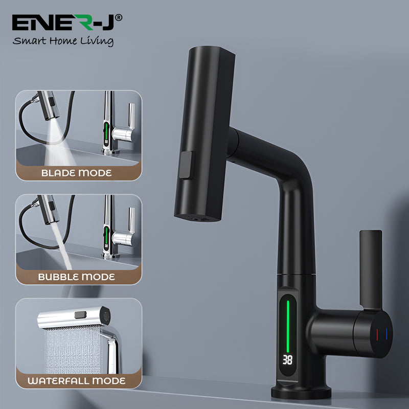 Ener-J BW2002 Single Hole Basin Faucet with Waterfall, Pull Out Sprayer and LED Temperature Display - Black