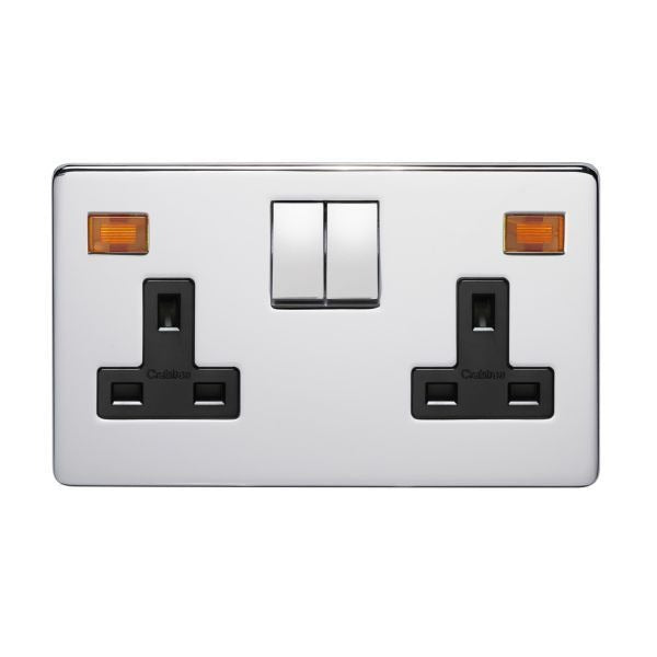 Crabtree Platinum 7316-3-HPC Socket 2 Gang Switched DP c/w Neon Highly Polished Chrome